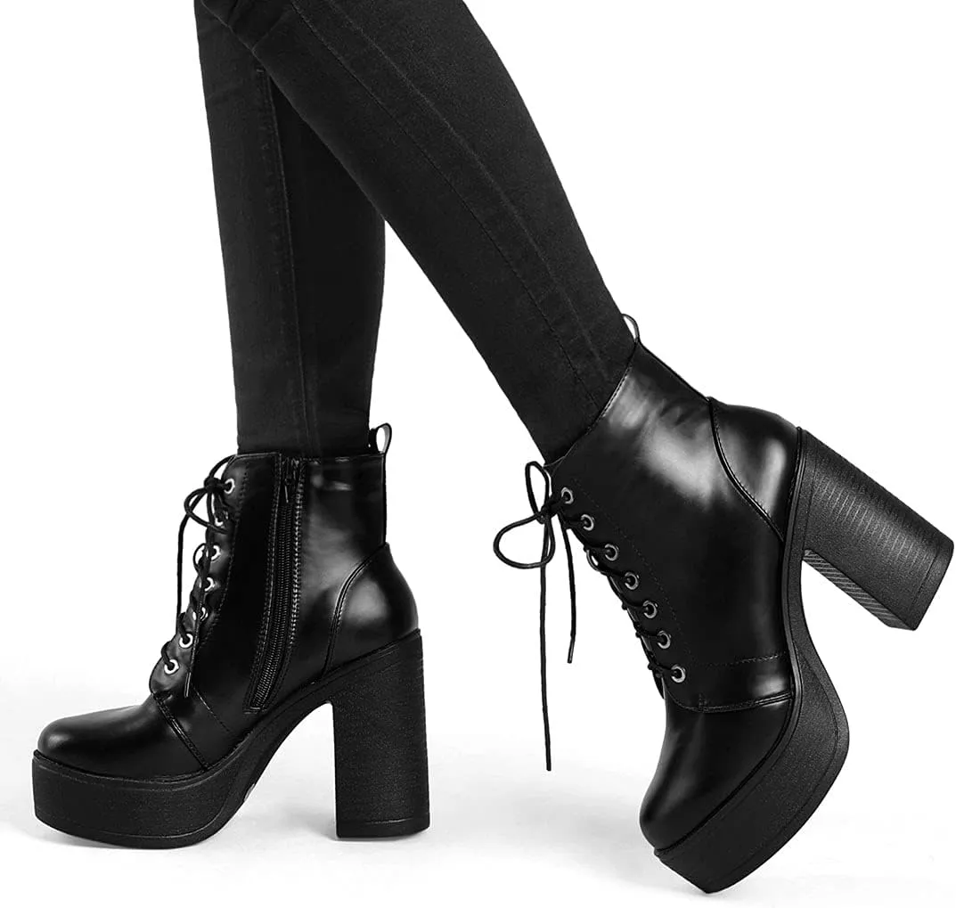 Allegra K Women's Platform Chunky High Heel Lace Up Combat Boots