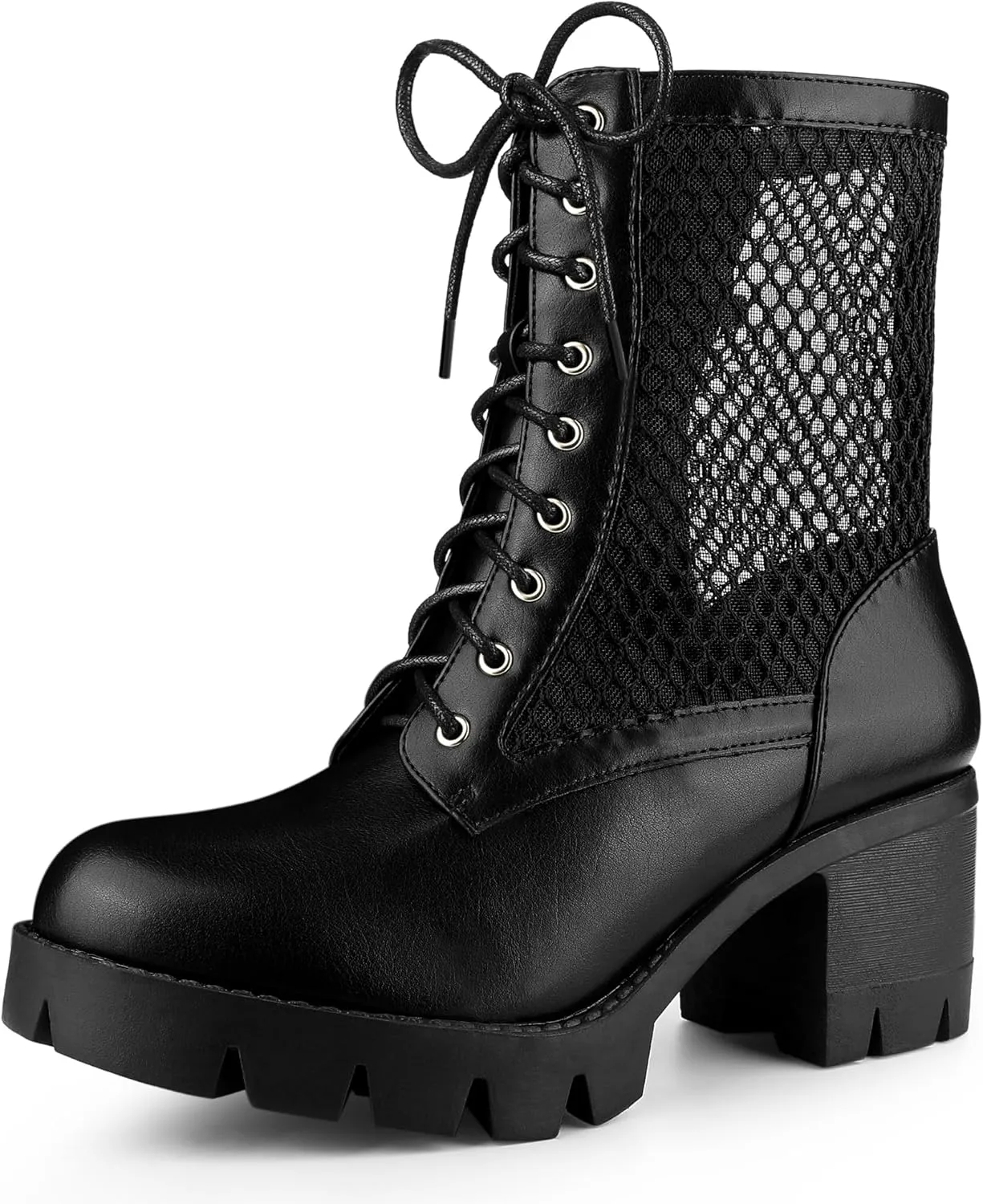 Allegra K Women's Platform Lace Up Mesh Lug Sole Chunky Heel Combat Boots