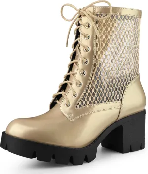 Allegra K Women's Platform Lace Up Mesh Lug Sole Chunky Heel Combat Boots