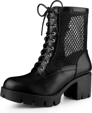 Allegra K Women's Platform Lace Up Mesh Lug Sole Chunky Heel Combat Boots