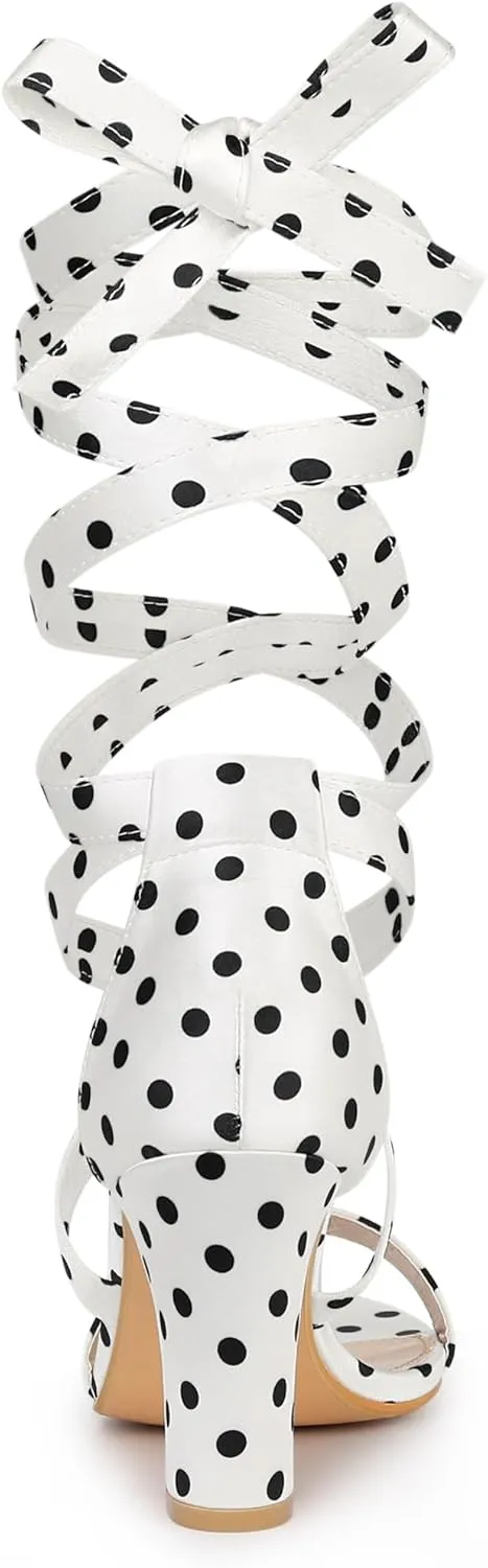 Allegra K Women's Polka Dots Strappy Heels Lace Up Chunky Heels Sandals