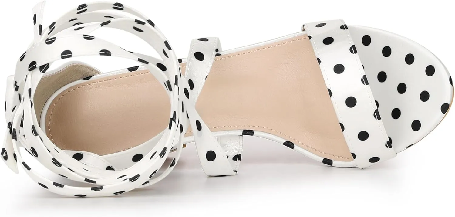 Allegra K Women's Polka Dots Strappy Heels Lace Up Chunky Heels Sandals