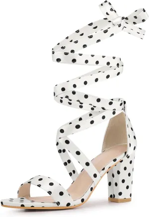 Allegra K Women's Polka Dots Strappy Heels Lace Up Chunky Heels Sandals