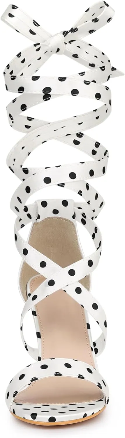Allegra K Women's Polka Dots Strappy Heels Lace Up Chunky Heels Sandals