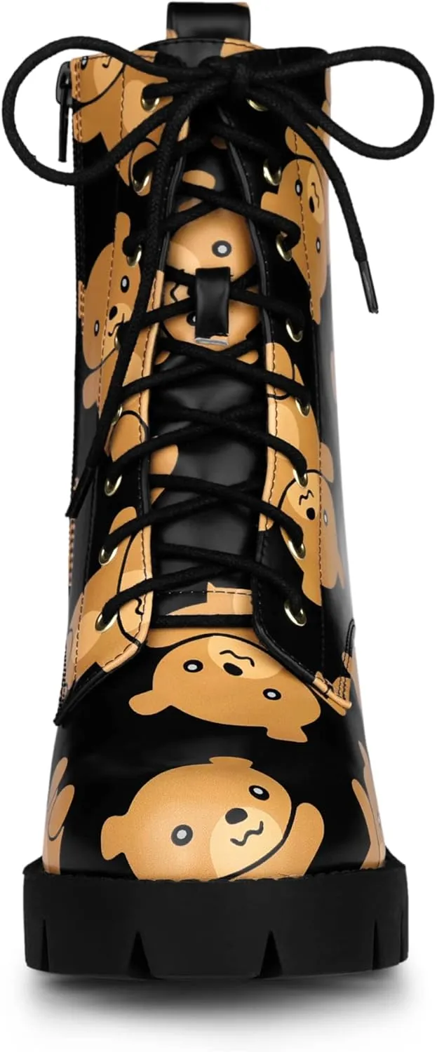 Allegra K Women's Printed Platform Round Toe Lace Up Chunky Heel Combat Boots