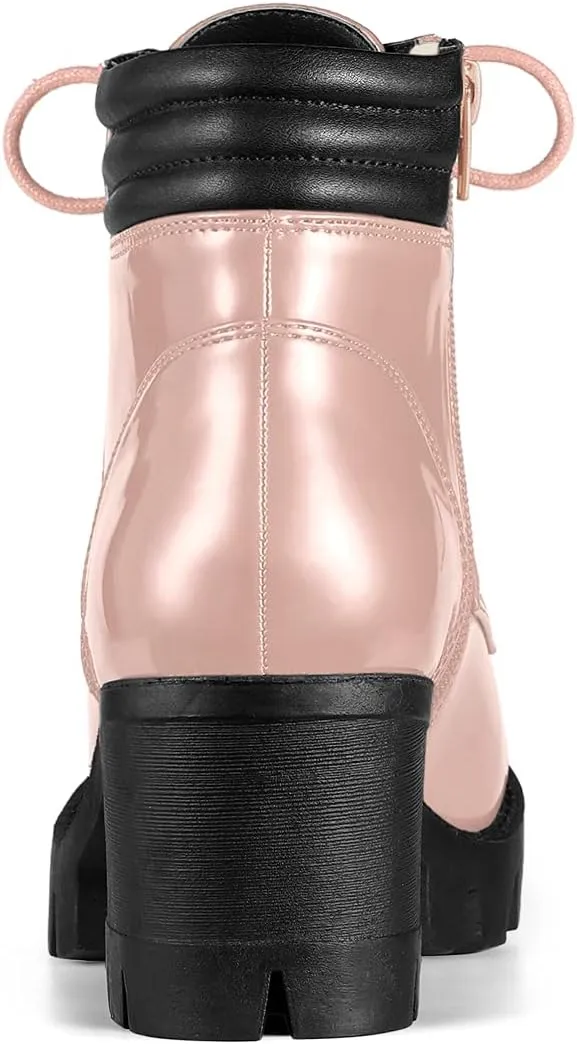 Allegra K Women's Round Toe Chunky Heel Lace Up Zipper Combat Boots