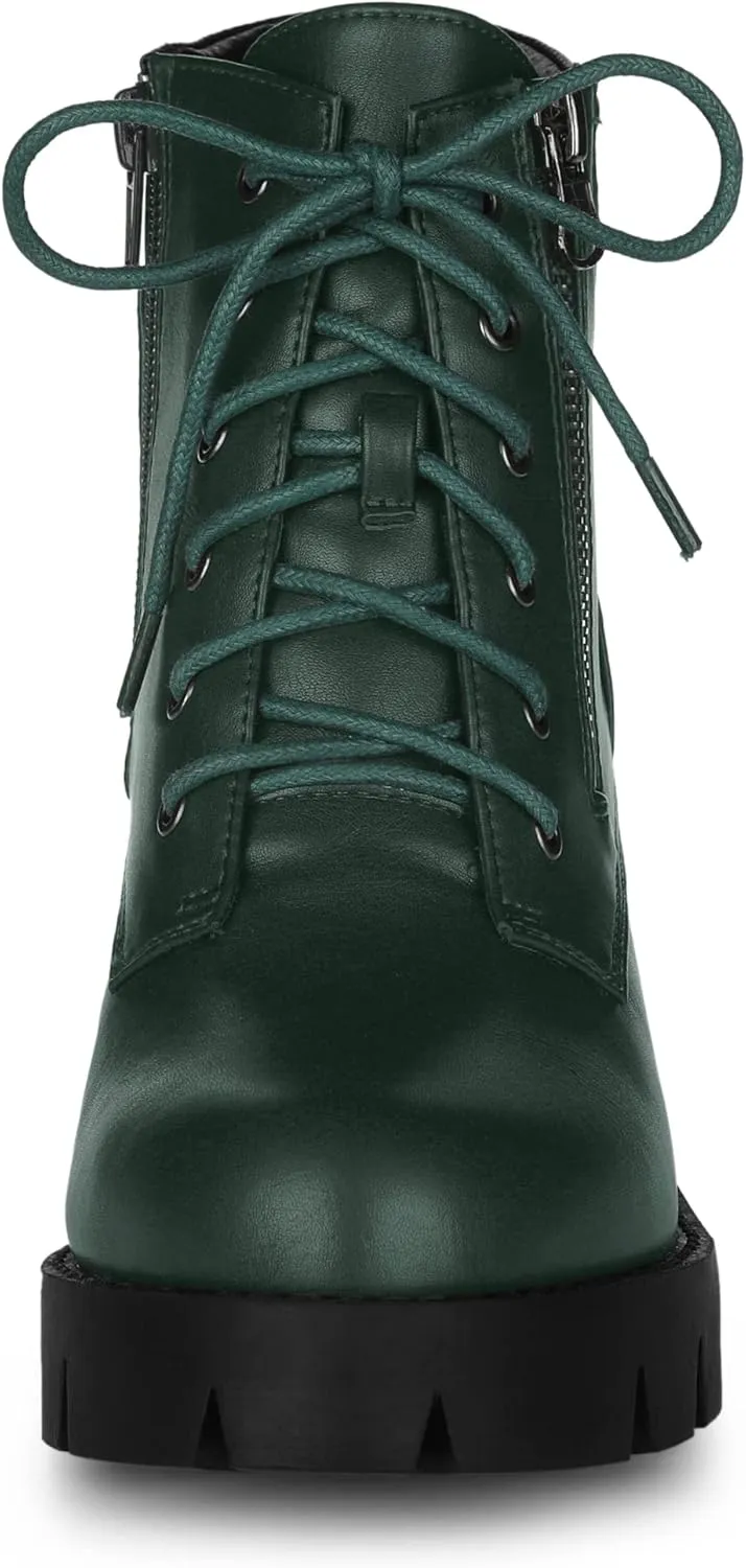 Allegra K Women's Round Toe Chunky Heel Lace Up Zipper Combat Boots
