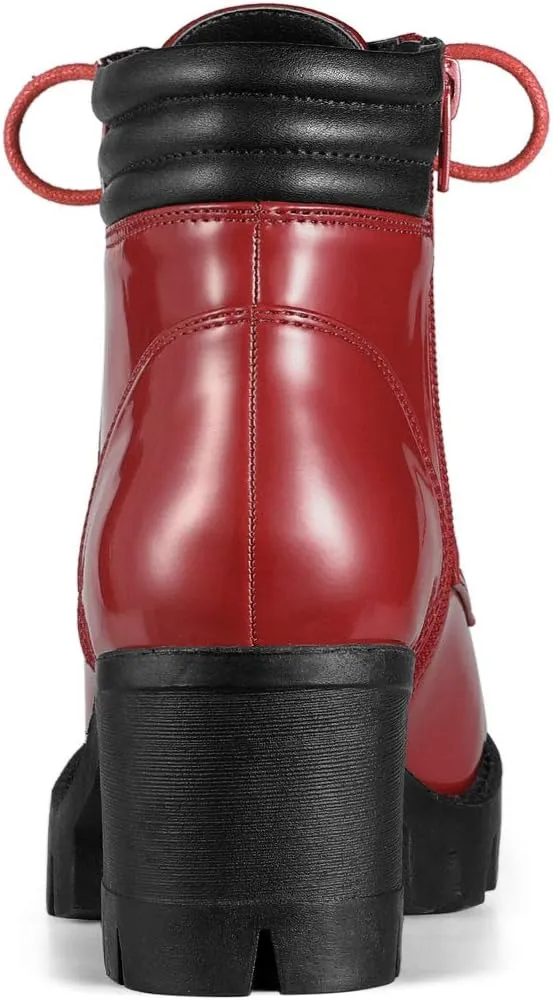 Allegra K Women's Round Toe Chunky Heel Lace Up Zipper Combat Boots