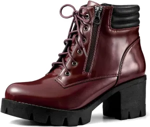 Allegra K Women's Round Toe Chunky Heel Lace Up Zipper Combat Boots