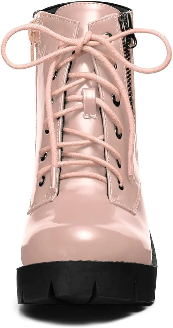 Allegra K Women's Round Toe Chunky Heel Lace Up Zipper Combat Boots