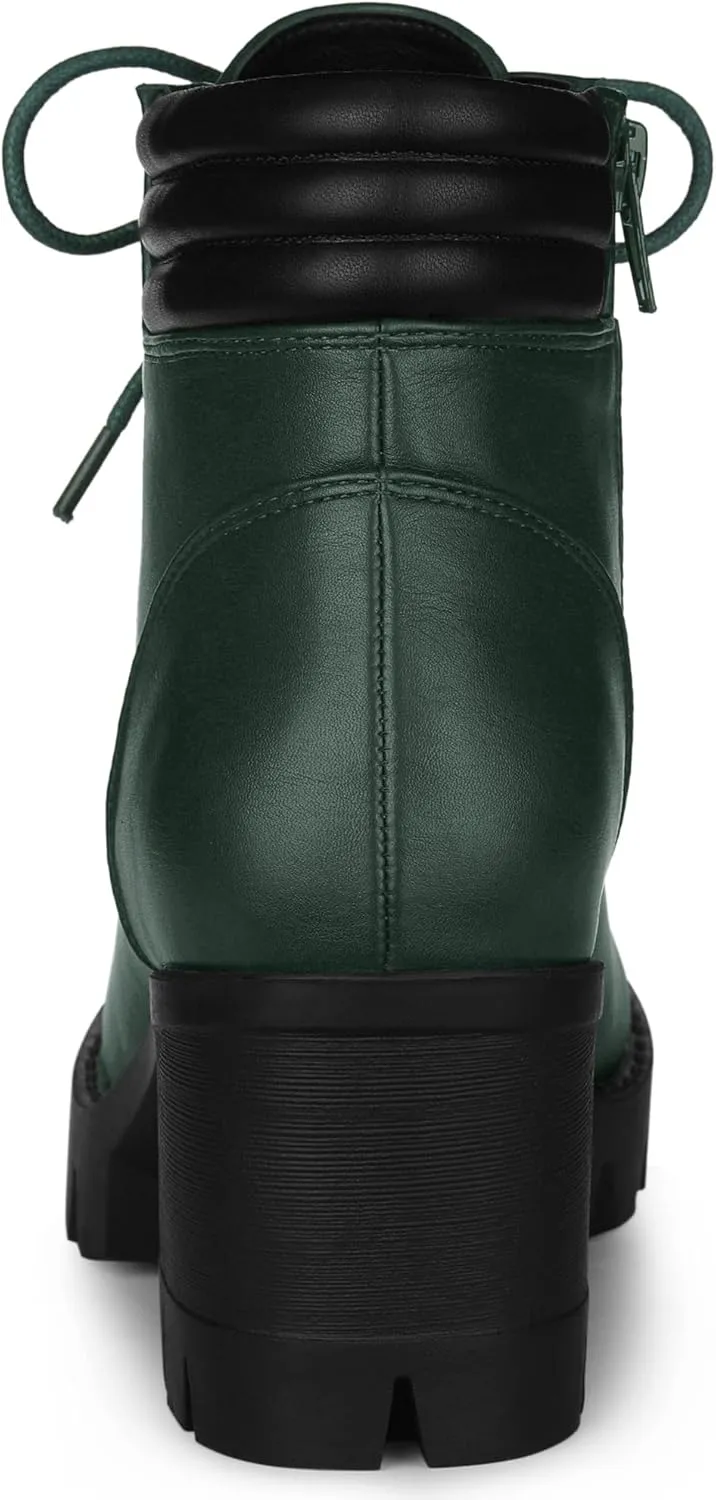 Allegra K Women's Round Toe Chunky Heel Lace Up Zipper Combat Boots