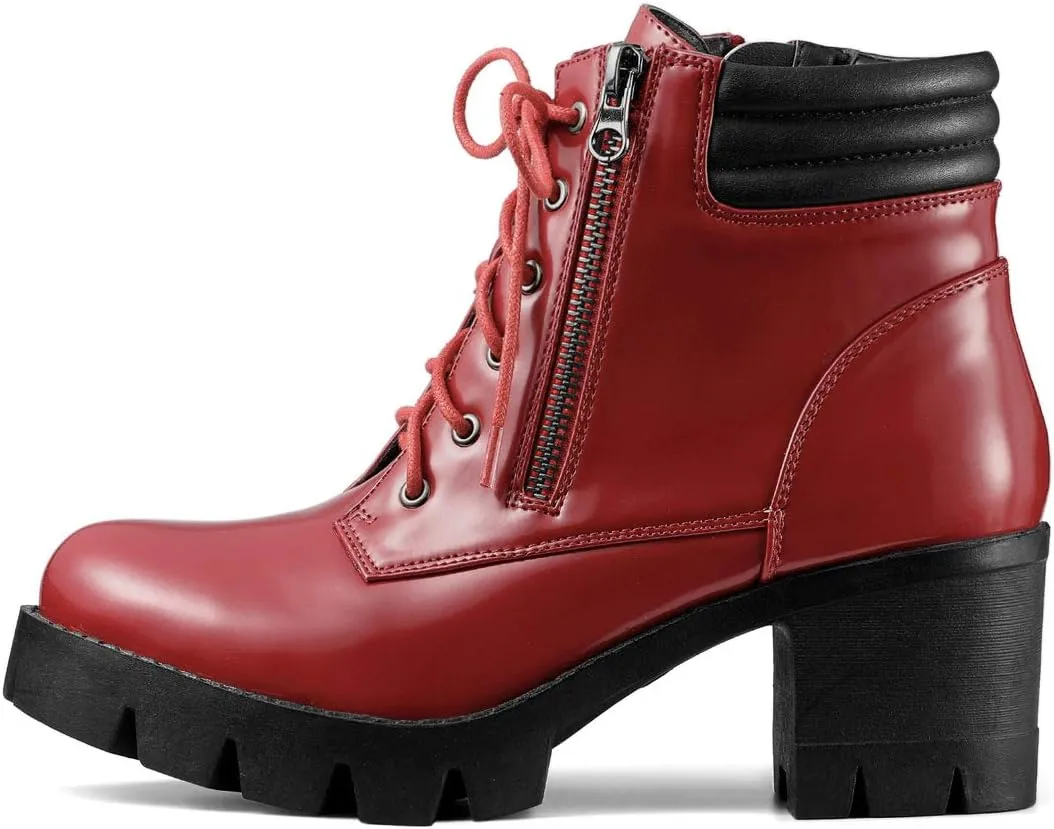 Allegra K Women's Round Toe Chunky Heel Lace Up Zipper Combat Boots