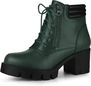 Allegra K Women's Round Toe Chunky Heel Lace Up Zipper Combat Boots