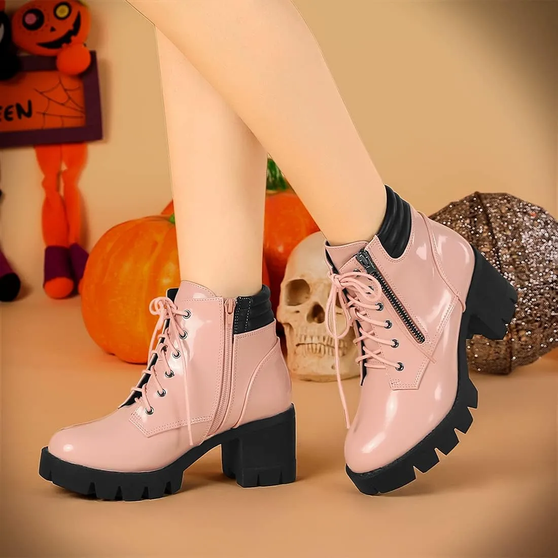 Allegra K Women's Round Toe Chunky Heel Lace Up Zipper Combat Boots