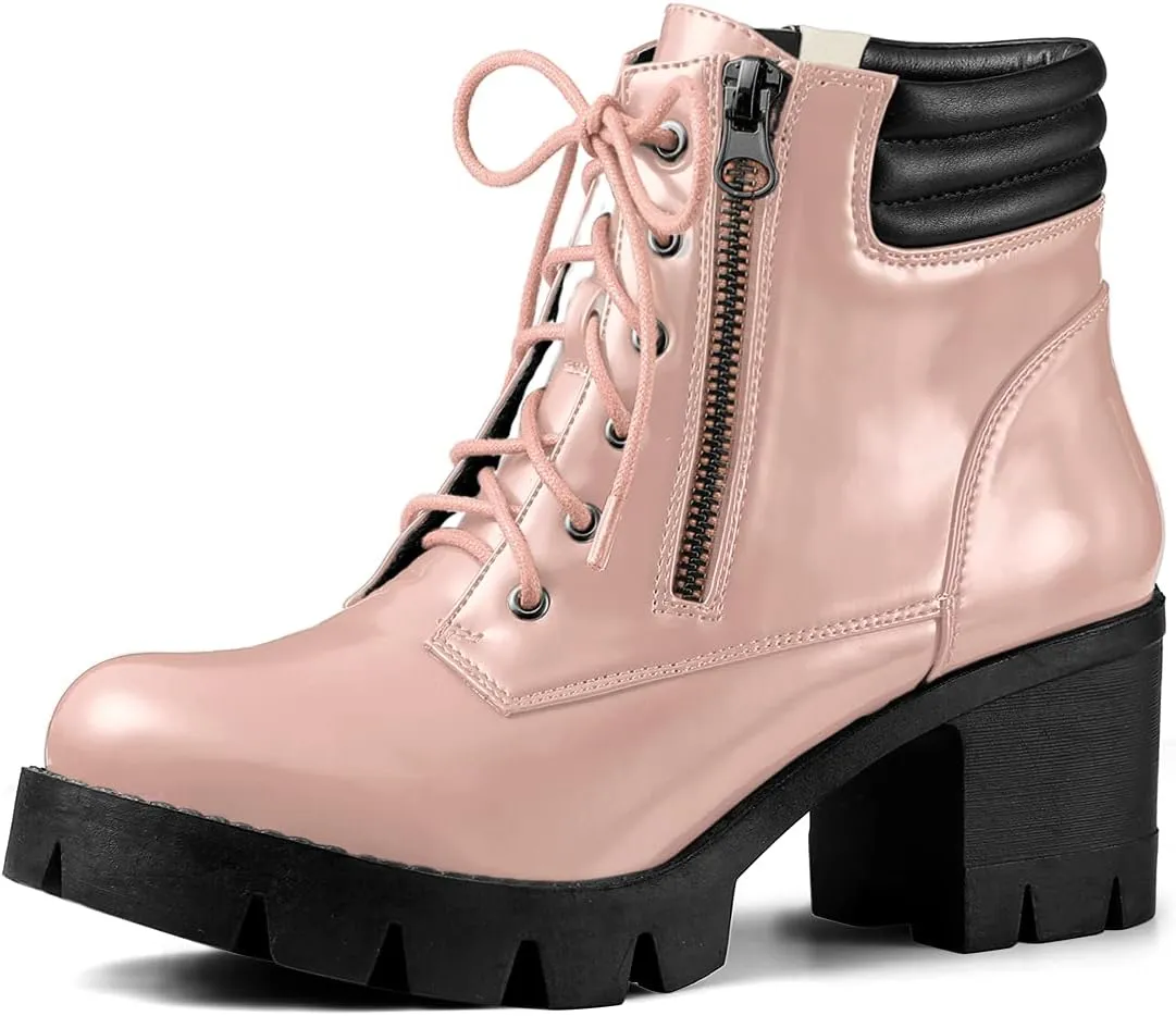 Allegra K Women's Round Toe Chunky Heel Lace Up Zipper Combat Boots