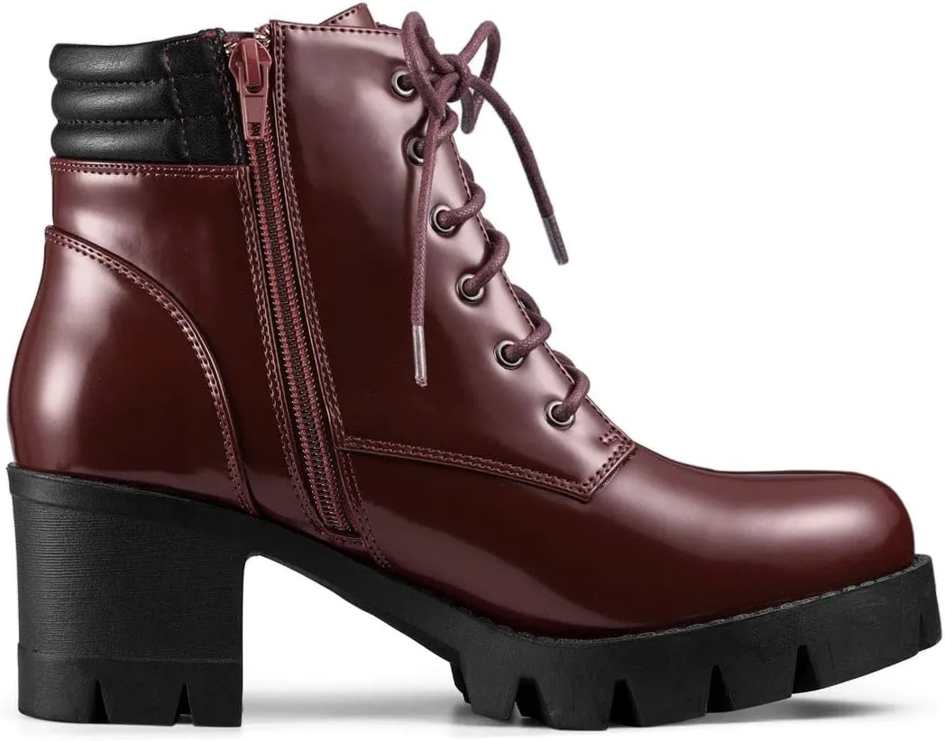 Allegra K Women's Round Toe Chunky Heel Lace Up Zipper Combat Boots