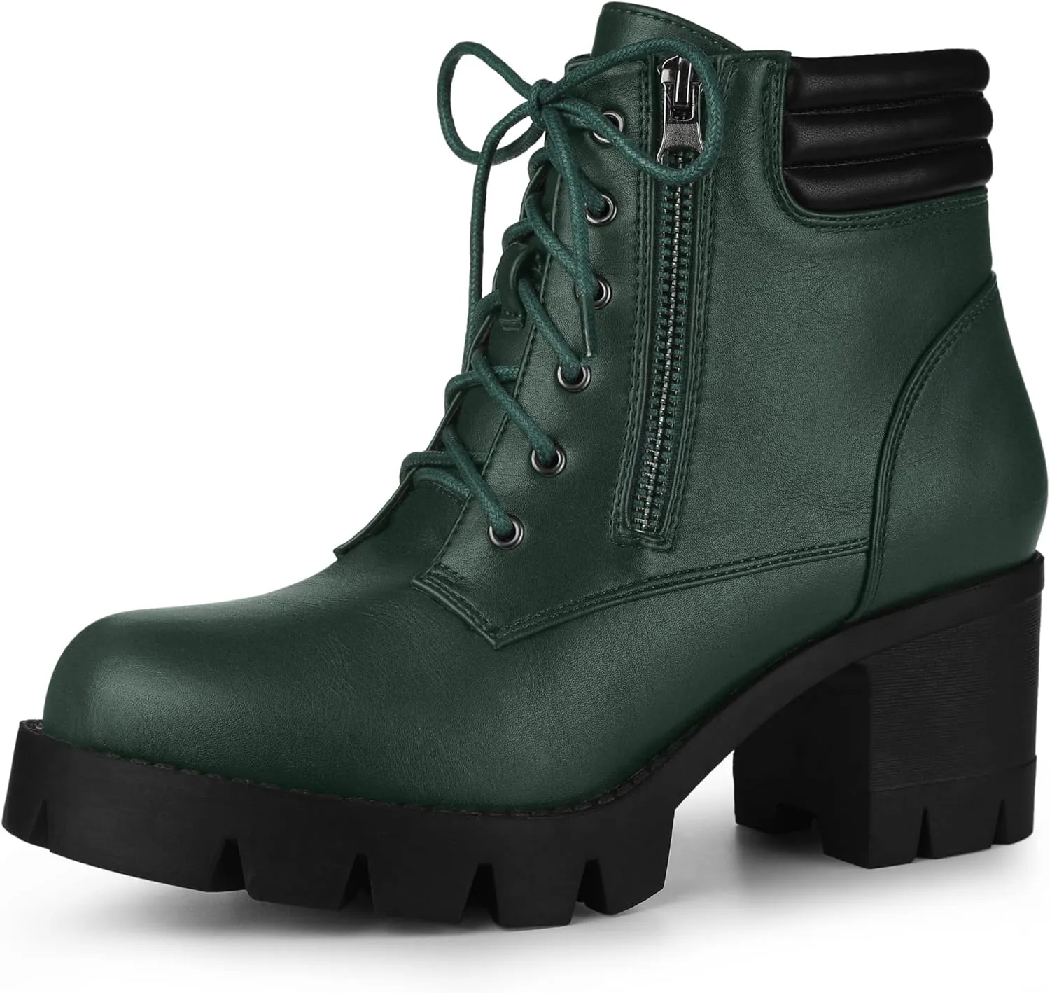 Allegra K Women's Round Toe Chunky Heel Lace Up Zipper Combat Boots