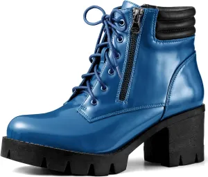 Allegra K Women's Round Toe Chunky Heel Lace Up Zipper Combat Boots