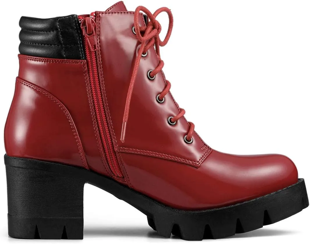 Allegra K Women's Round Toe Chunky Heel Lace Up Zipper Combat Boots