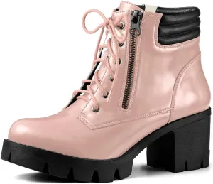 Allegra K Women's Round Toe Chunky Heel Lace Up Zipper Combat Boots