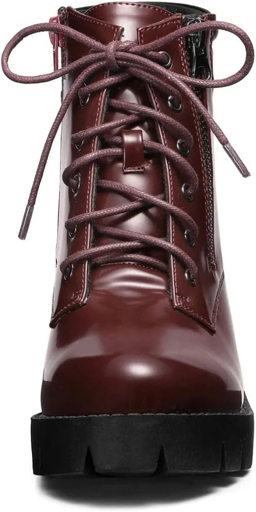 Allegra K Women's Round Toe Chunky Heel Lace Up Zipper Combat Boots