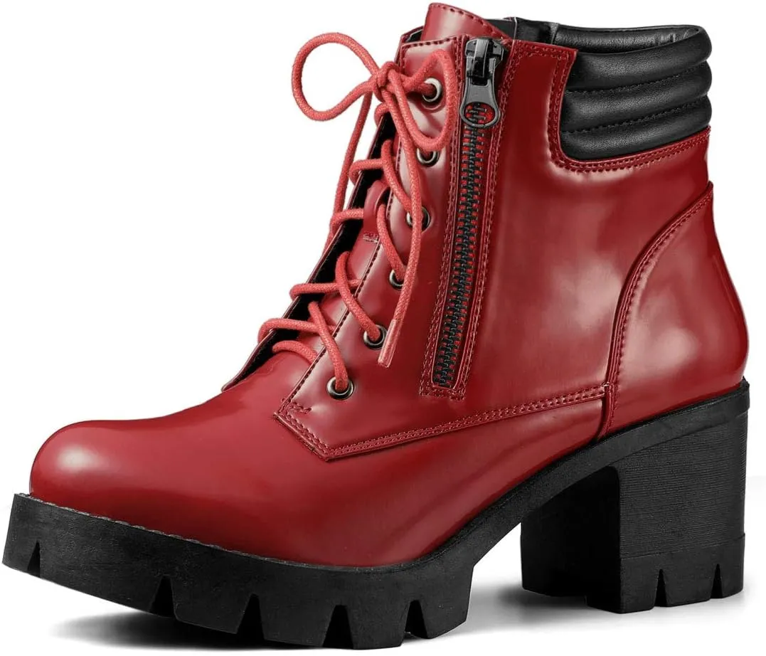 Allegra K Women's Round Toe Chunky Heel Lace Up Zipper Combat Boots