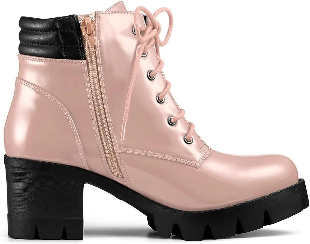 Allegra K Women's Round Toe Chunky Heel Lace Up Zipper Combat Boots