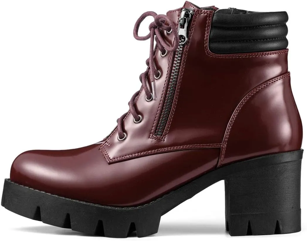 Allegra K Women's Round Toe Chunky Heel Lace Up Zipper Combat Boots