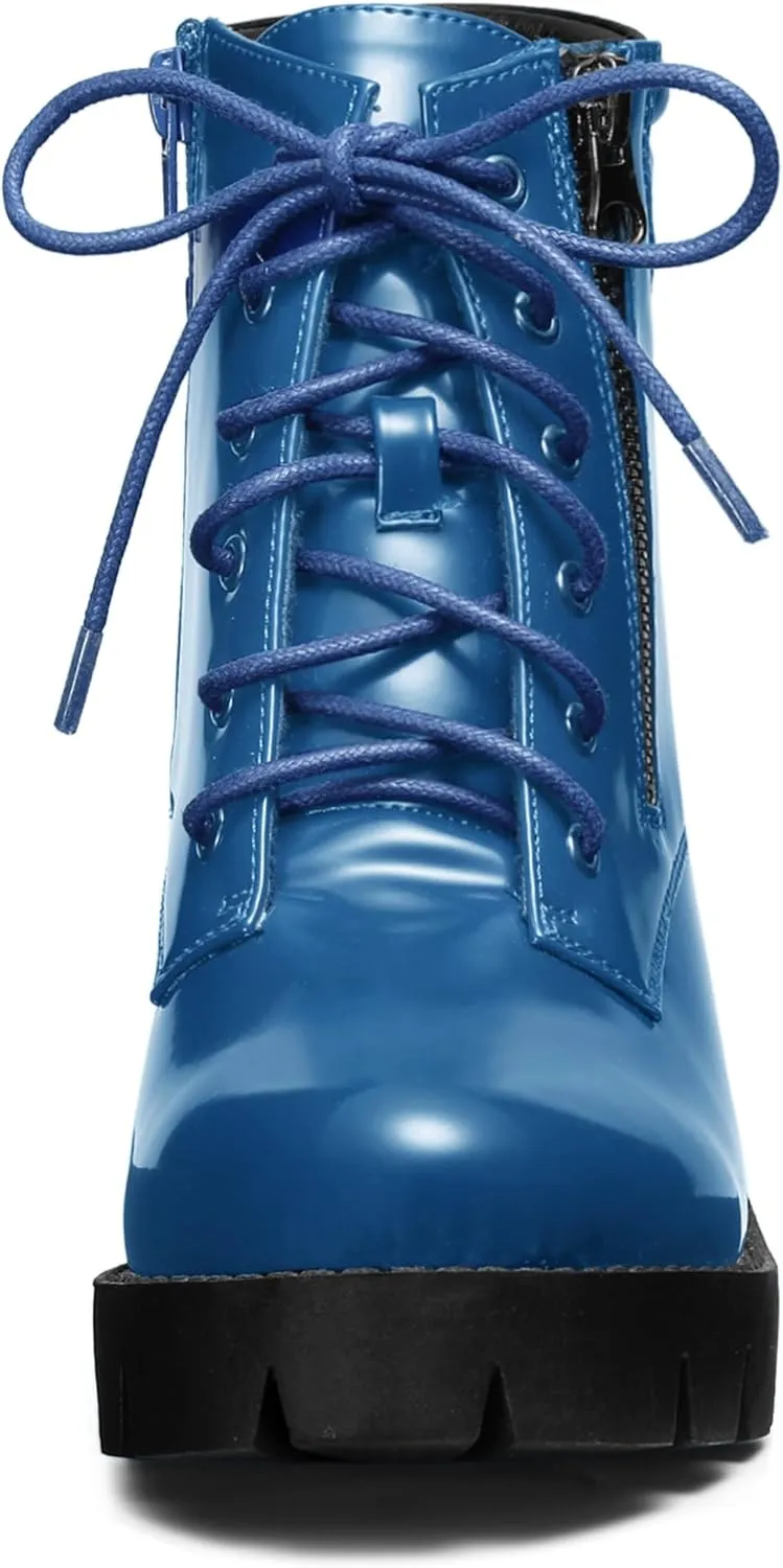 Allegra K Women's Round Toe Chunky Heel Lace Up Zipper Combat Boots