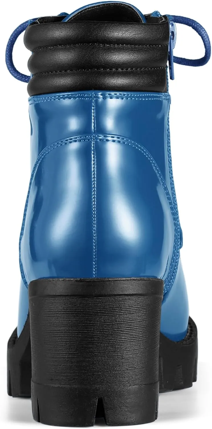 Allegra K Women's Round Toe Chunky Heel Lace Up Zipper Combat Boots