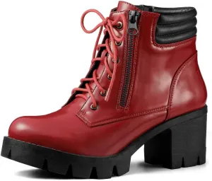 Allegra K Women's Round Toe Chunky Heel Lace Up Zipper Combat Boots