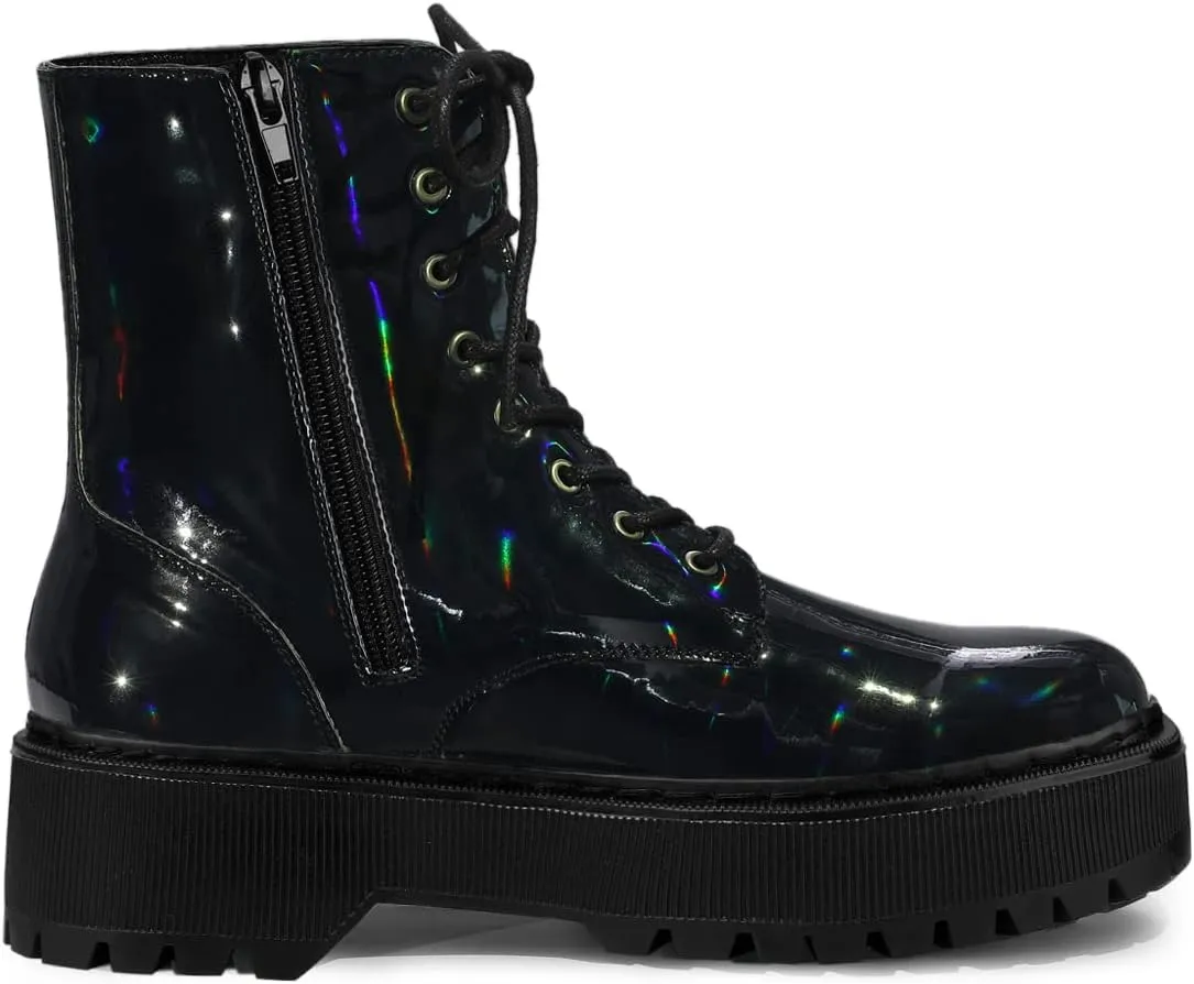 Allegra K Women's Round Toe Platform Lace Up Colorful Combat Ankle Boots