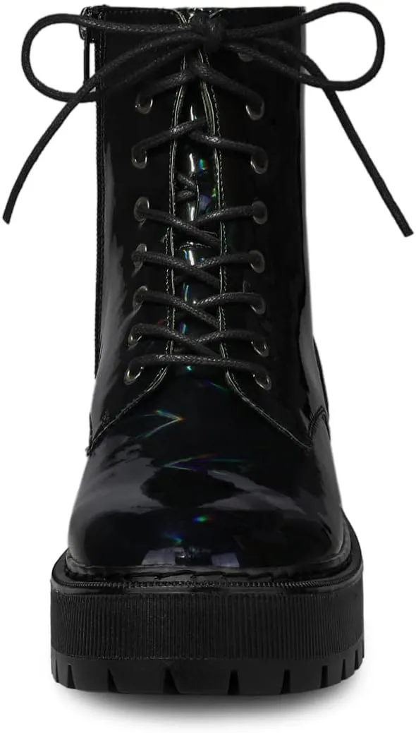 Allegra K Women's Round Toe Platform Lace Up Colorful Combat Ankle Boots