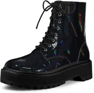Allegra K Women's Round Toe Platform Lace Up Colorful Combat Ankle Boots