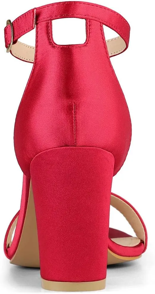 Allegra K Women's Satin Open Toe Ankle Strap Chunky Heels Sandals