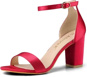 Allegra K Women's Satin Open Toe Ankle Strap Chunky Heels Sandals