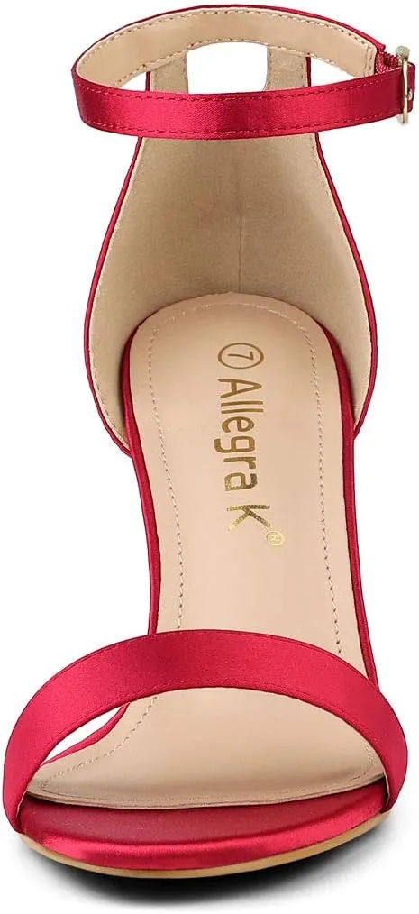 Allegra K Women's Satin Open Toe Ankle Strap Chunky Heels Sandals