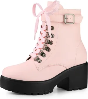Allegra K Women's Zip Chunky Heel Platform Ankle Combat Boots