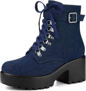 Allegra K Women's Zip Chunky Heel Platform Ankle Combat Boots