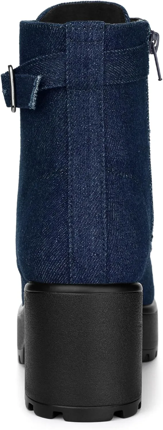 Allegra K Women's Zip Chunky Heel Platform Ankle Combat Boots