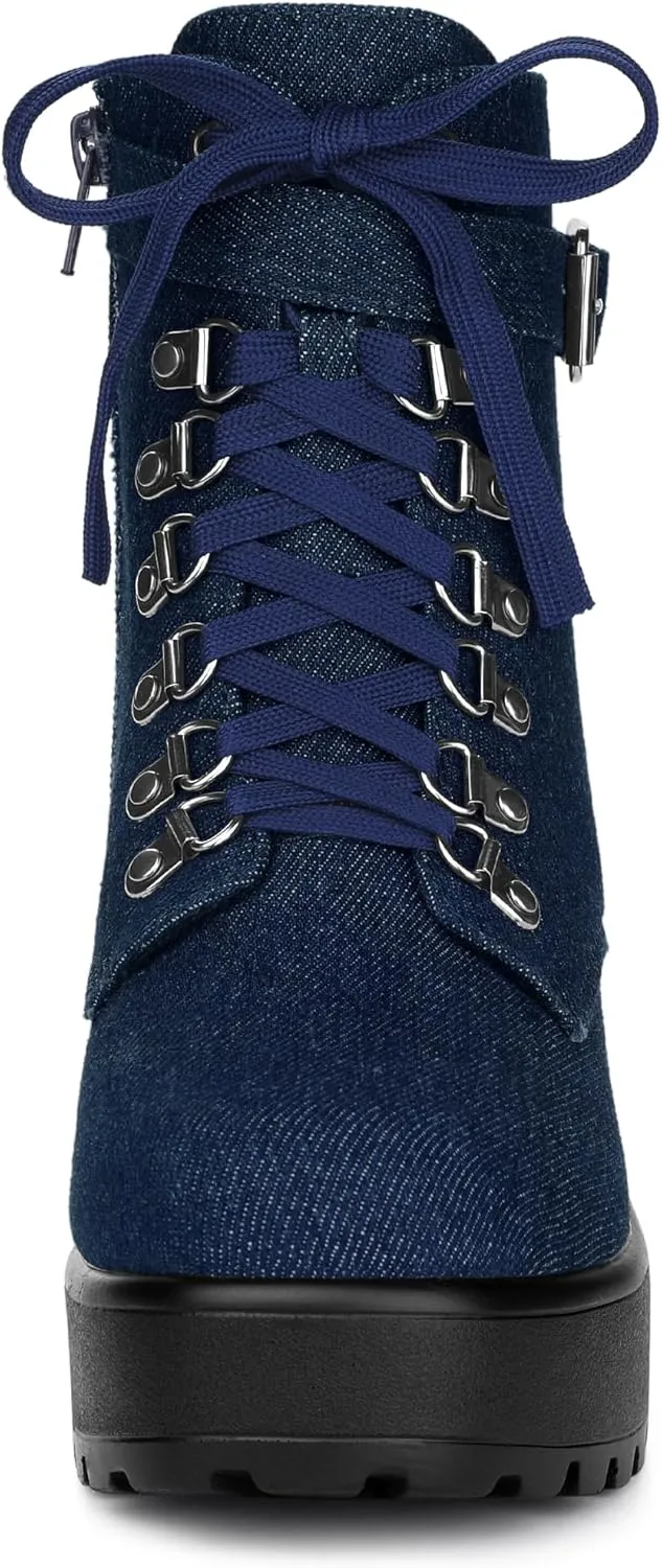 Allegra K Women's Zip Chunky Heel Platform Ankle Combat Boots