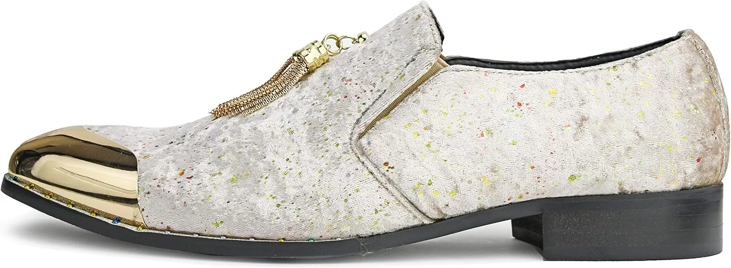 Amali Chaz, Men's Slippers - Loafers Men Slip on Shoes - Mens Casual Shoes - Man Made Velvet, Tuxedo Shoes - Metal Gold Chain Tassel & Gold Metal Tip, Dress Shoes - Gift