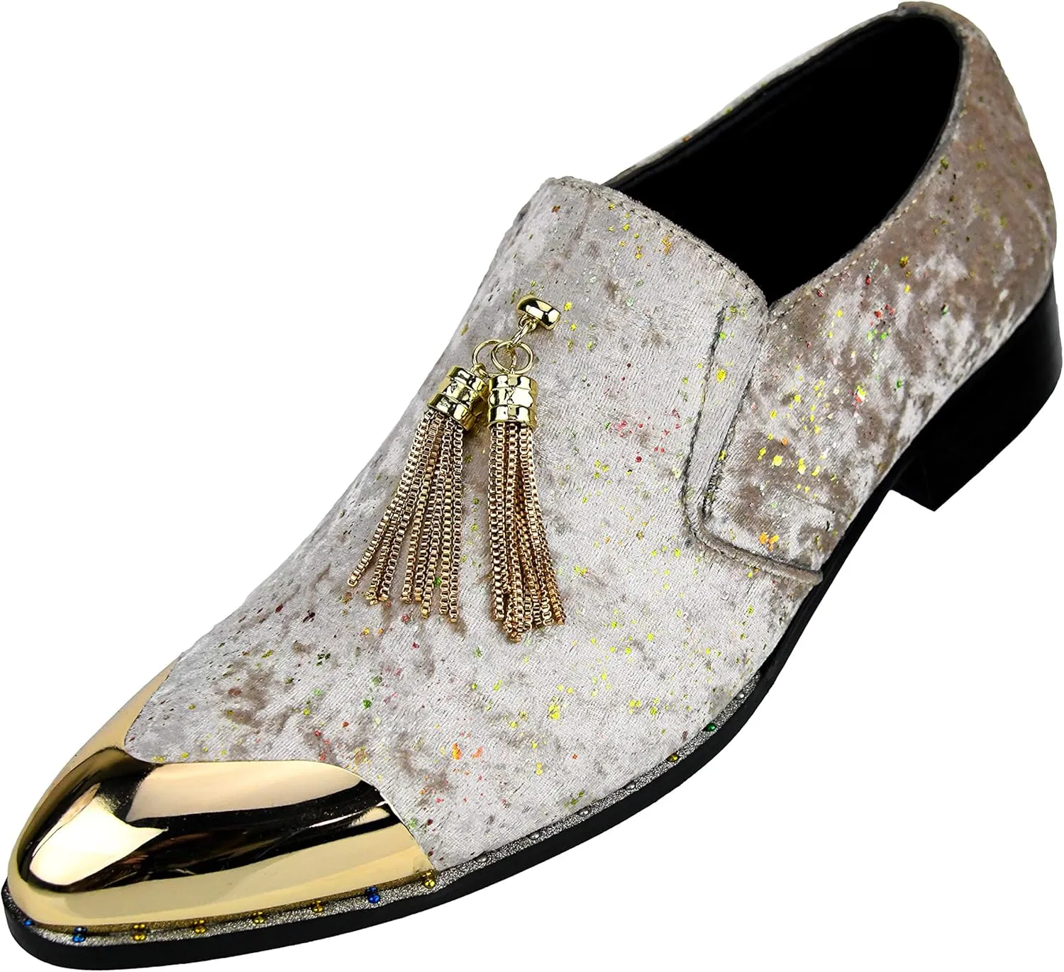 Amali Chaz, Men's Slippers - Loafers Men Slip on Shoes - Mens Casual Shoes - Man Made Velvet, Tuxedo Shoes - Metal Gold Chain Tassel & Gold Metal Tip, Dress Shoes - Gift