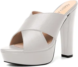 AMBELIGHT Womens Slip On Matte Dating Fashion Heels Open Toe Chunky High Heel Sandals 5 Inch