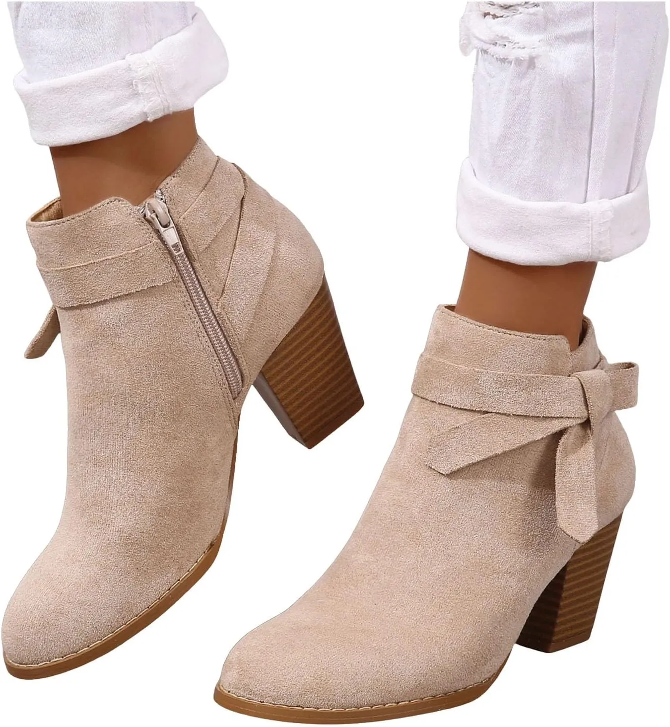 AMDBEL Boots for Women Ankle Booties, Women's Ankle Boots Tie Knot Chelsea Pump Boots Closed Toe Stacked Heel Booties Shoes