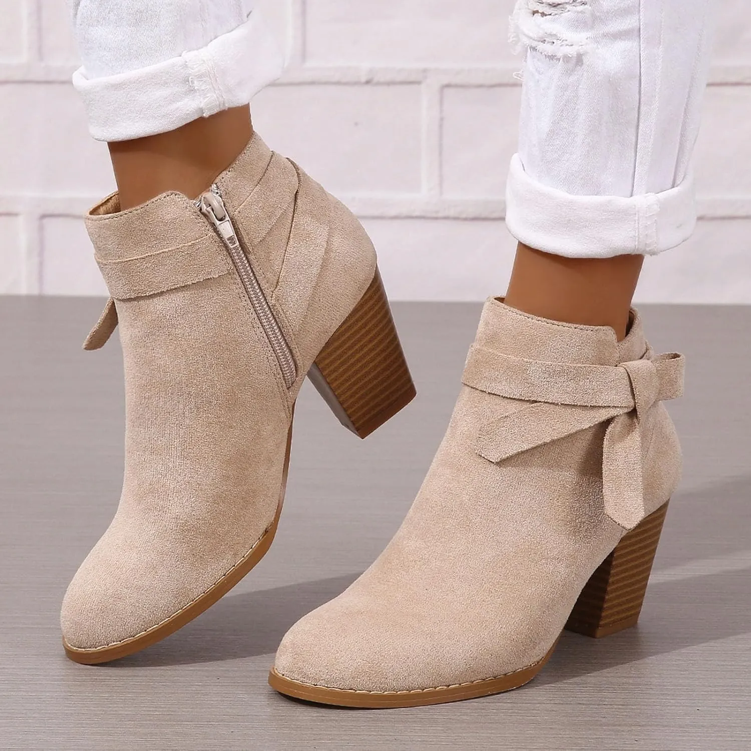 AMDBEL Boots for Women Ankle Booties, Women's Ankle Boots Tie Knot Chelsea Pump Boots Closed Toe Stacked Heel Booties Shoes