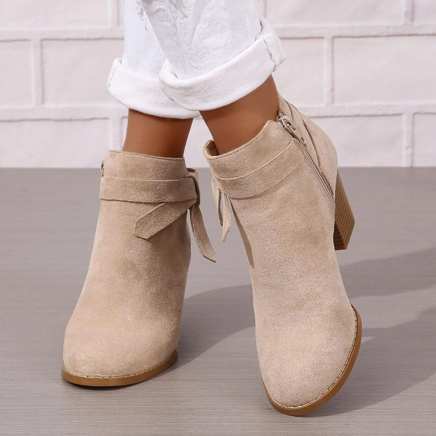 AMDBEL Boots for Women Ankle Booties, Women's Ankle Boots Tie Knot Chelsea Pump Boots Closed Toe Stacked Heel Booties Shoes