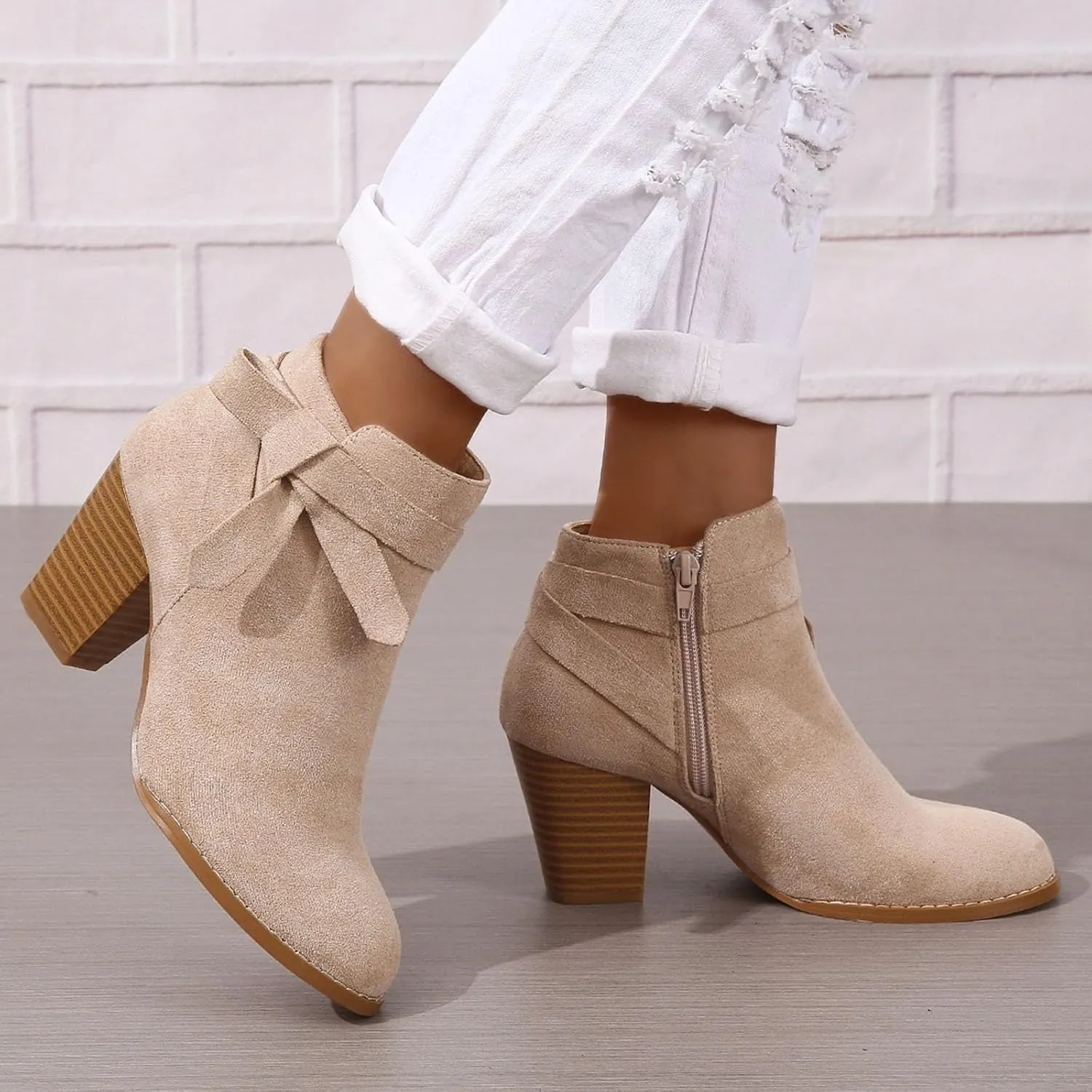 AMDBEL Boots for Women Ankle Booties, Women's Ankle Boots Tie Knot Chelsea Pump Boots Closed Toe Stacked Heel Booties Shoes
