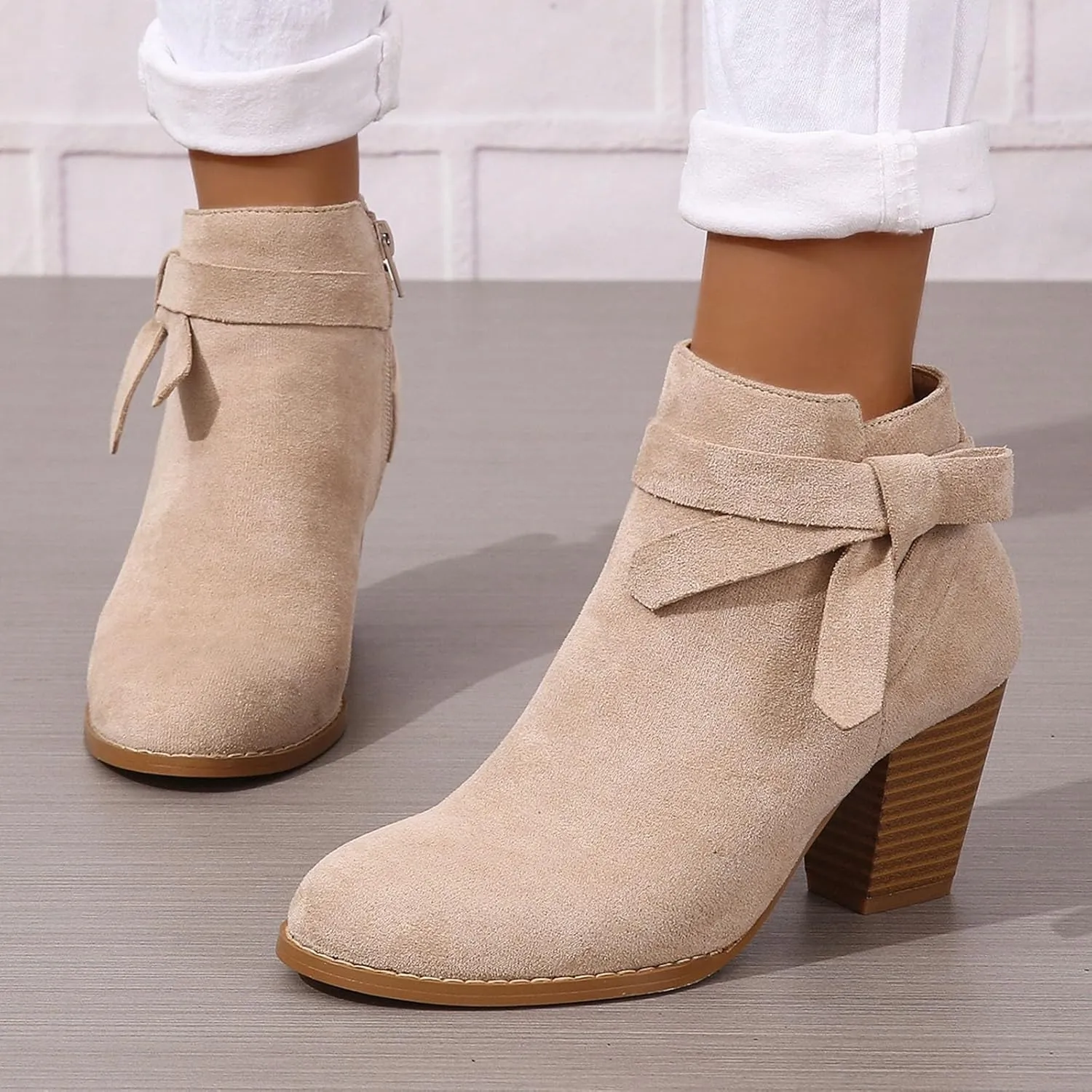 AMDBEL Boots for Women Ankle Booties, Women's Ankle Boots Tie Knot Chelsea Pump Boots Closed Toe Stacked Heel Booties Shoes