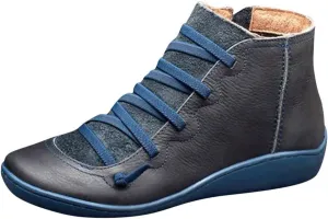 AMDBEL Boots for Women Ankle Booties, Women's Boots Slip on Flat Boots Arch Support Lace up Retro Booties Winter Fall Shoes